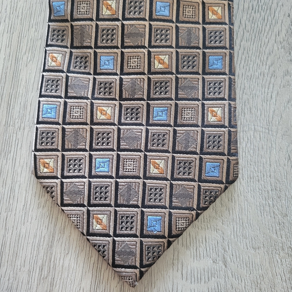 ENRO 100% Silk Geometric Patterned Tie in Blue and Brown